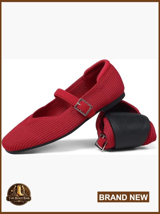 Shoes - Mary Jane Flats Casual Ballet Knit Square Toe Ankle Strap Comfort Office Shoes